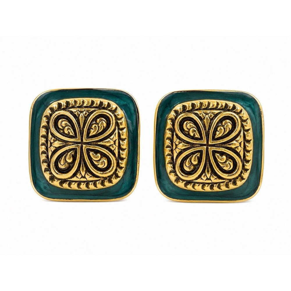 Vintage 1980s Gold Tone Teal Enamel Stud Earrings Geometric Square Quatrefoil